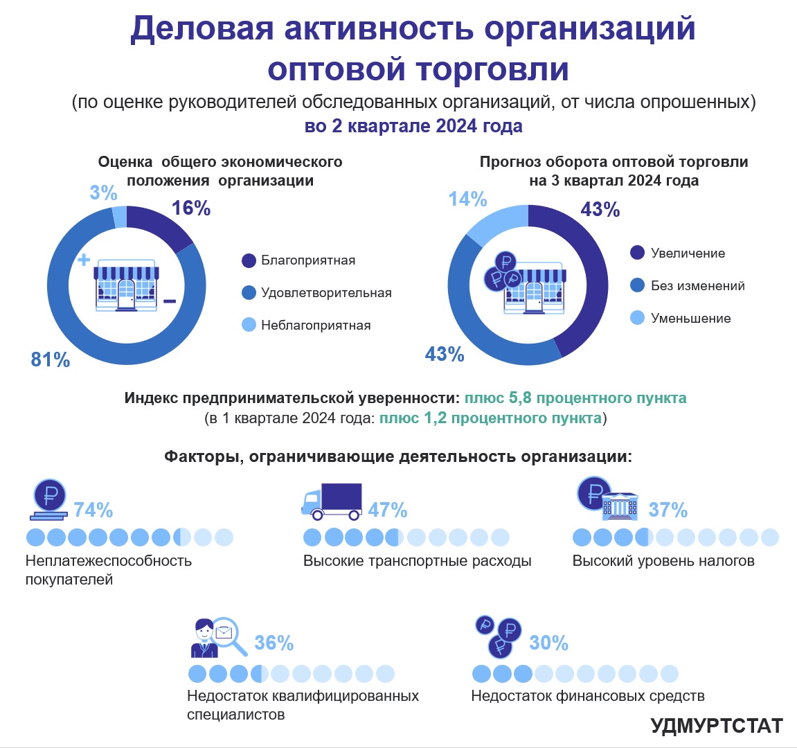 По оценке руководителей обследованных организаций оптовой торговли Удмуртии, 81% охарактеризовали общее экономическое положение организации во 2 квартале 2024 года как удовлетворительное. Основным фактором, ограничивающим деятельность организации, предприниматели считают неплатежеспособность покупателей (74% опрошенных).